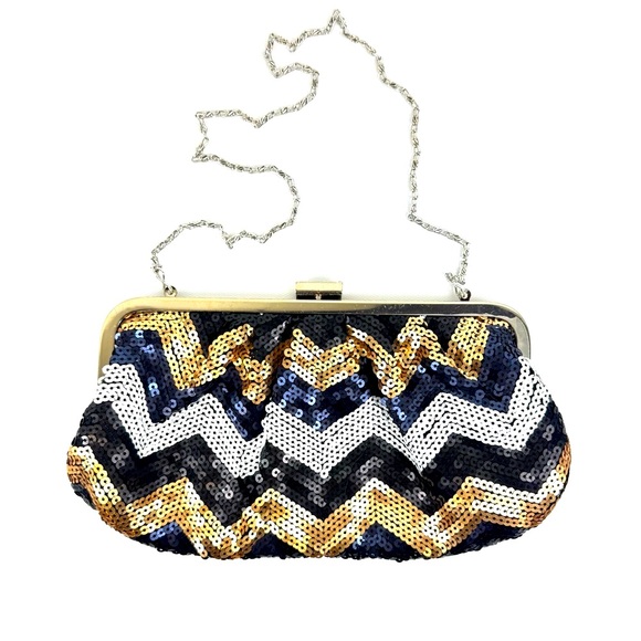Lulu Townsend Handbags - Lulu Townsend chevron sequined clutch w silver chain. Black white navy & bronze